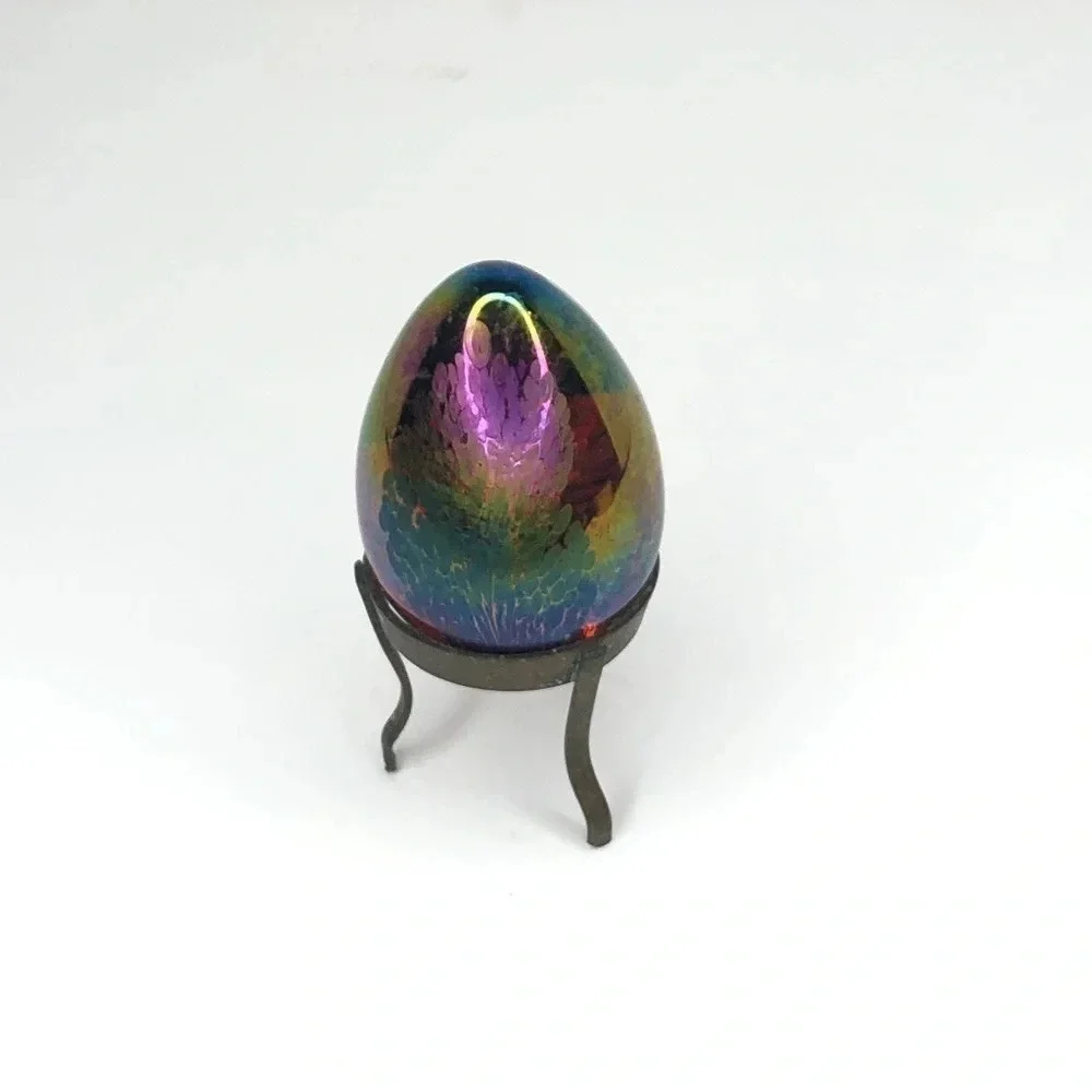 Iridescent Studio Art Glass Egg on Stand, Paperweight
